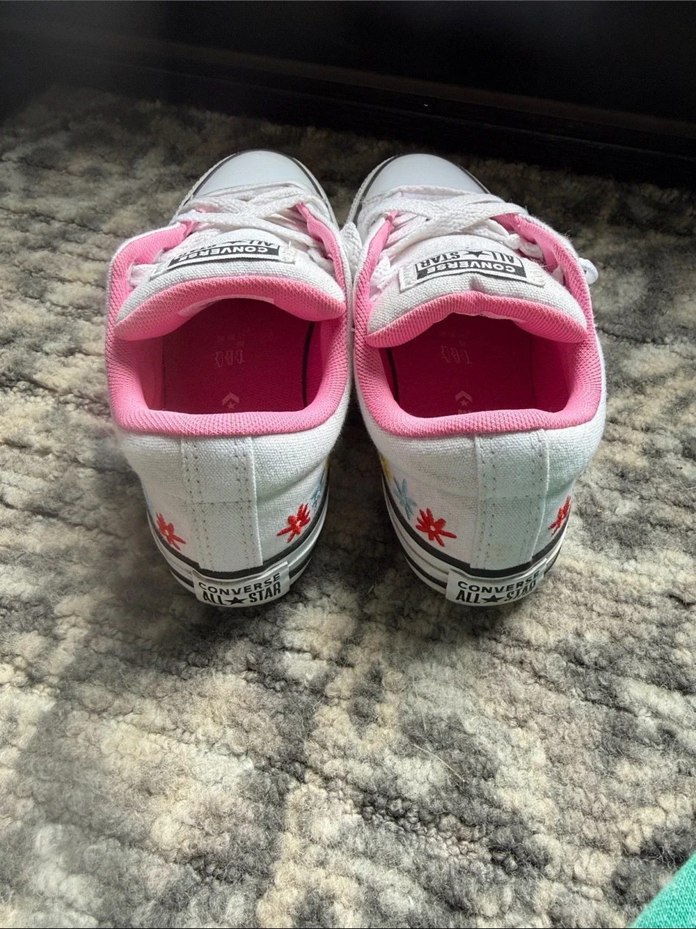 Converse White Low Top Sneakers with Pink Lining and Multicolor Flower Accents
